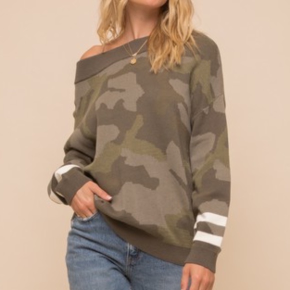 Cozy Olive Off Shoulder Camo Sweater Top - Picture 7 of 7